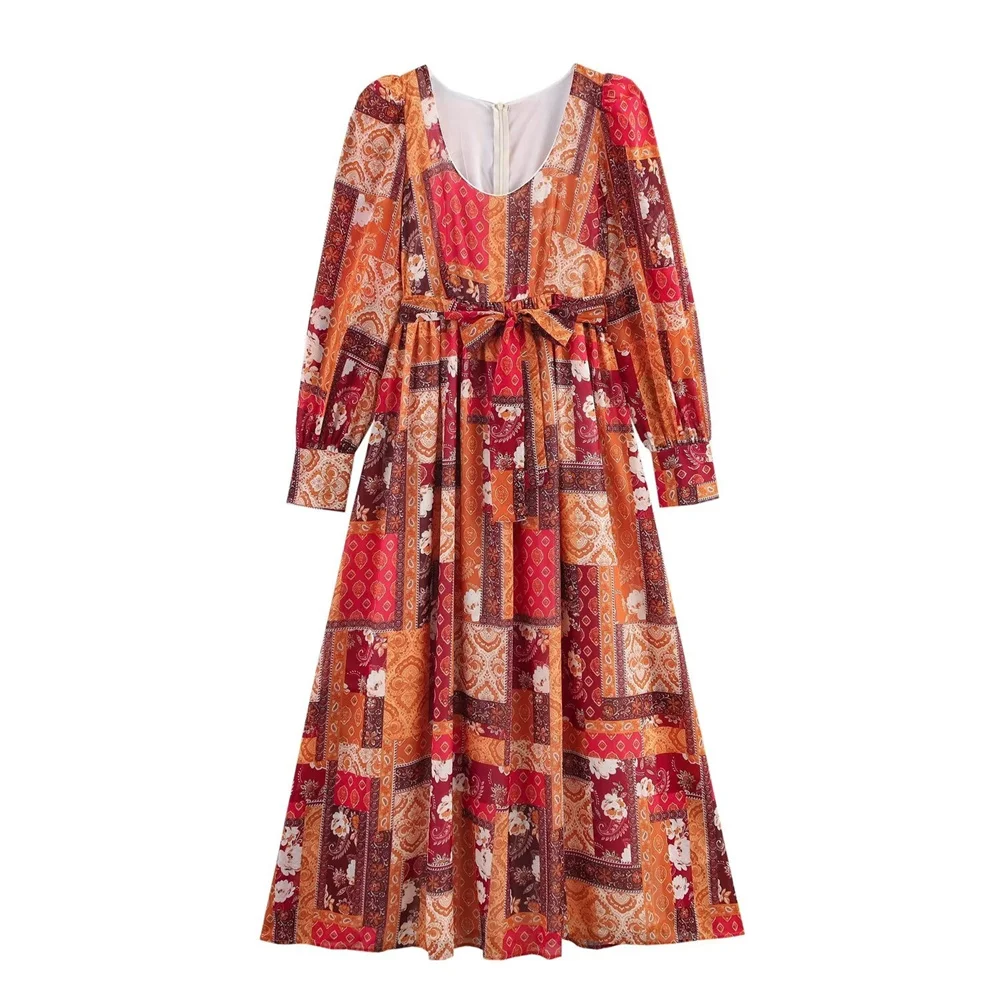   Robe longue à manches longues et col carré pour femmes, avec cravate à la taille imprimée Paisley Orange et rouge, Style bohème, 2025