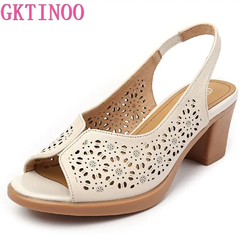 GKTINOO 2024 Newest Elegant Open Toe Summer Shoes Woman Cow Leather Sandals Thick With High-heeled Sandals Plus Size Women Shoes