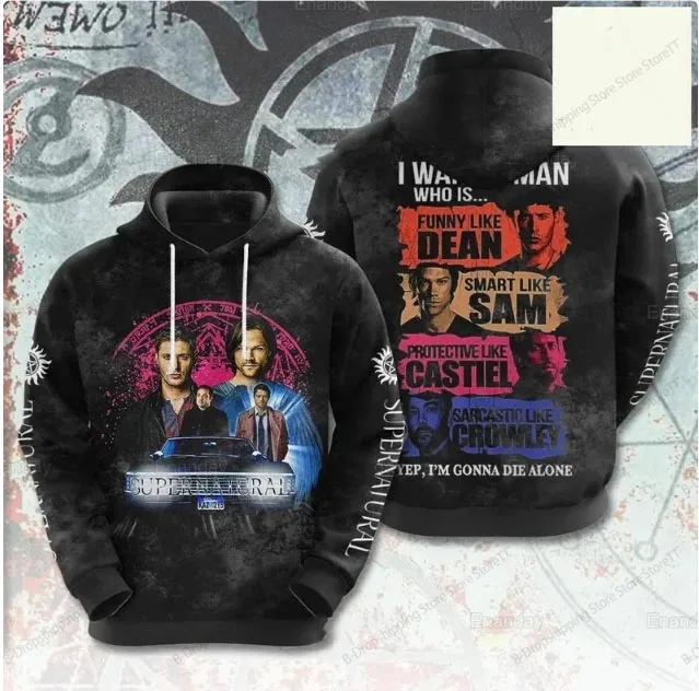 

Винтажная толстовка с капюшоном с 3d принтом «ТВ сверхъестественное», 20 лет, мужская и женская модная толстовка с длинными рукавами, толстовка большого размера, мужской спортивный костюм Moletom