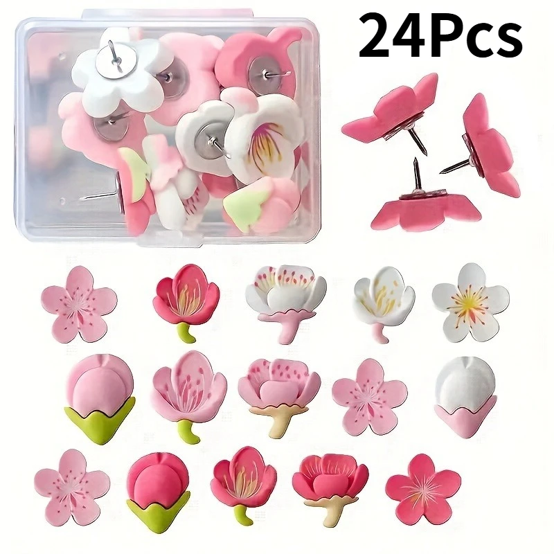 24Pcs/set Push Pins Home Decoration Thumbtacks DIY Flower Push Pins for Photo Displays, Bulletin Boards, Maps, Office Supplies