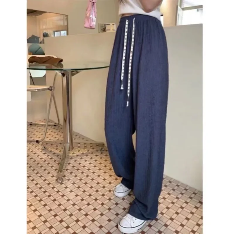 Autumn and Winter Women\'s Solid Color Elastic Lace Up High Waist Loose Long Wide Leg Fashion Casual Elegant Commuter Pants