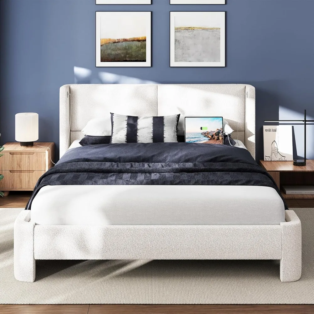 

Large Bed Frame with Headboard, Soft Cushioned Bed Frame with USB Port, Base Cama Bed Frame, No Need for Springs