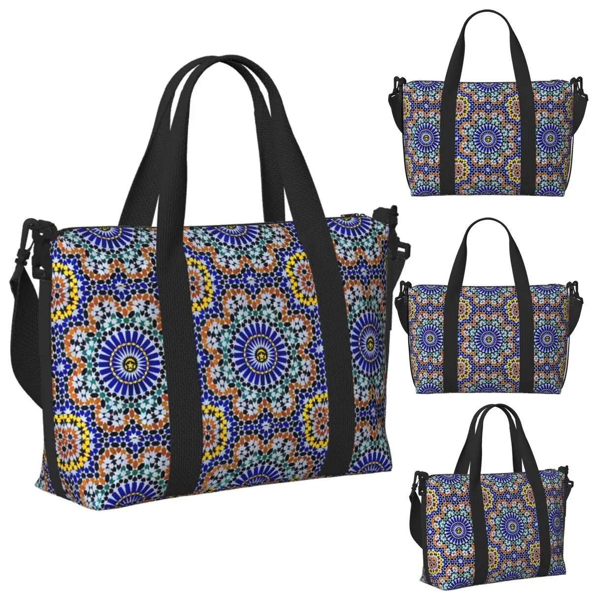 

Custom Arabic Tiles Moroccan Mosaic Beach Travel Bag Large Capacity Tote Bags for Gym Yoga Women Shopping Duffle Shoulder Bag