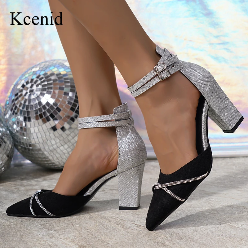 Kcenid Summer Fashion Mixed Colors High Heels Pumps Women Shoes Pointed Toe Chunky Heels Ankle Strap Buckle Pumps Wedding Shoes