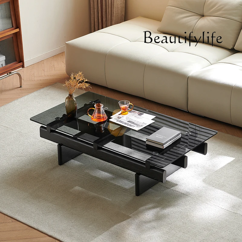 

French medieval style living room household small apartment rectangular ash wood gray tempered glass coffee table