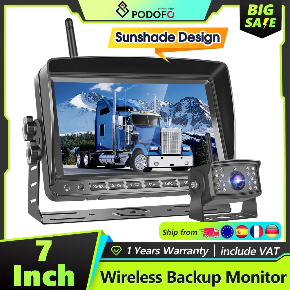 Podofo Drahtloser Rückfahrmonitor 7 Zoll HD-Bildschirm 1024*720P Rückfahrkamera-Monitor mit 4-Wege-Anzeige Einfache Installation