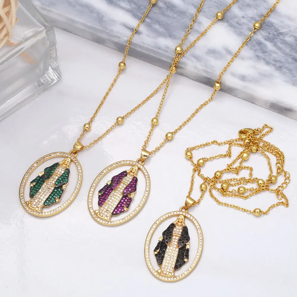 Copper Fuchsia Virgin Mary Necklaces for Women Gold Plated Our Lady of Aparecida Necklaces Religious Jewelry Gifts nkeb116