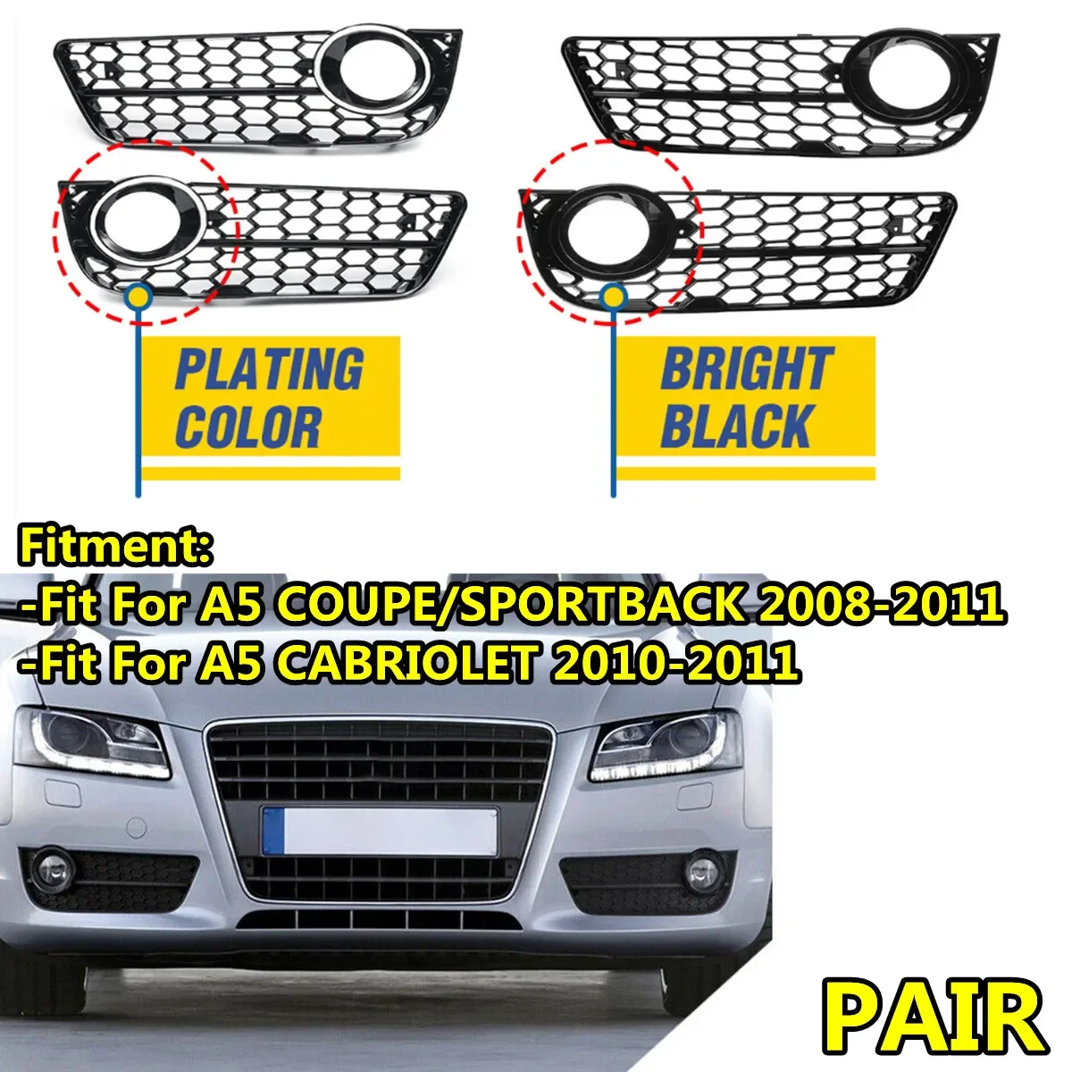 Penutup panggangan jala cahaya kabut RM-CAR untuk Audi A5 Coupe/Sportback 2008-2011 A5 Cabriolet 2010-2011 Bumper depan Styling mobil panggangan