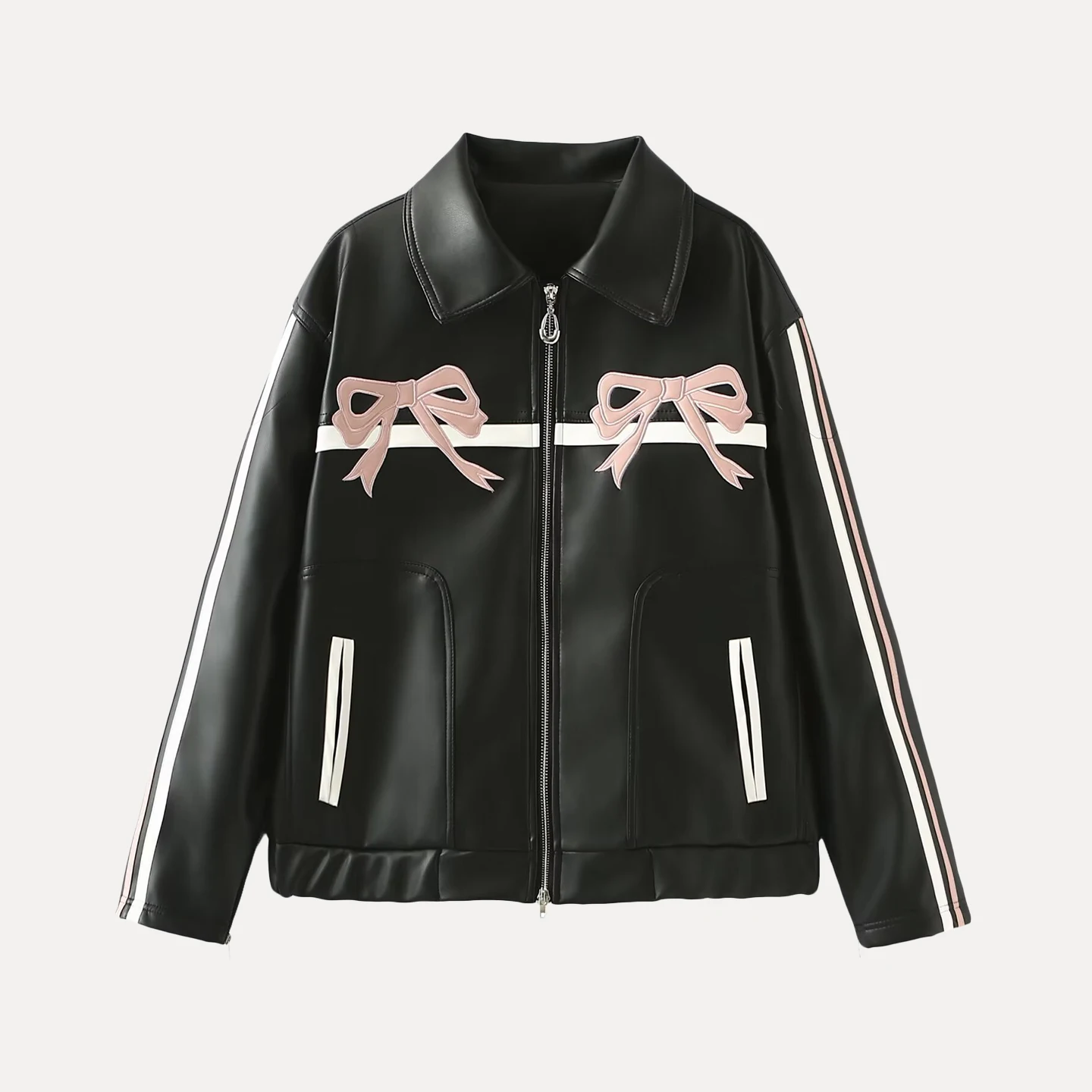 Modny Damski Skórzany Żakiet z Węzłem, Letnia Nowość 2025, Długi Płaszcz z Poliestru, Zapinany na Zamek