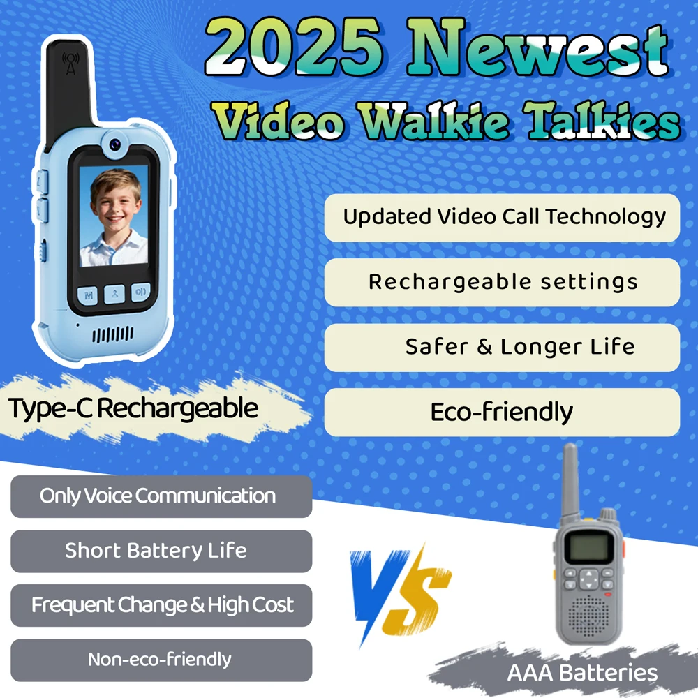 أجهزة اتصال لاسلكية بالفيديو للأطفال - عبوتان من أجهزة اتصال داخلي عبر الفيديو قابلة لإعادة الشحن للأطفال مع مغير صوتي، نطاق طويل 1000 قدم