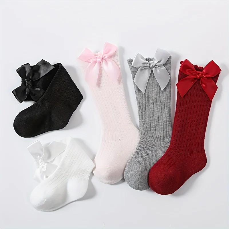 3 Pcs Infant Baby Girls Socks Knee High Bowknot Soft Cotton Elastic Non Slip Children Kids Newborn Toddlers Long Socks 0-5 Years