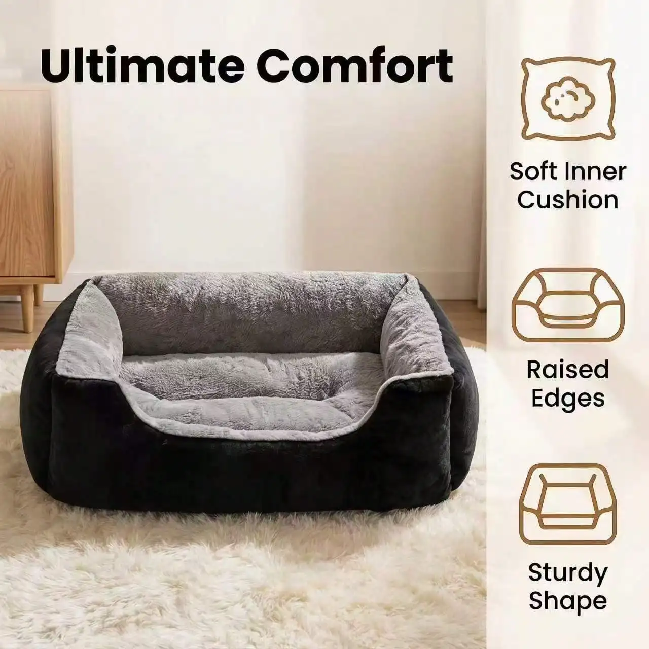 Black Thick Plush Pet Bed Sofa – Ultra Soft Warm Dog & Cat Bed, Non-Slip Rectangular Base, Easy-Clean All-Season Sleeping Couch For Pets – Premium Plush sp260609165019978147439