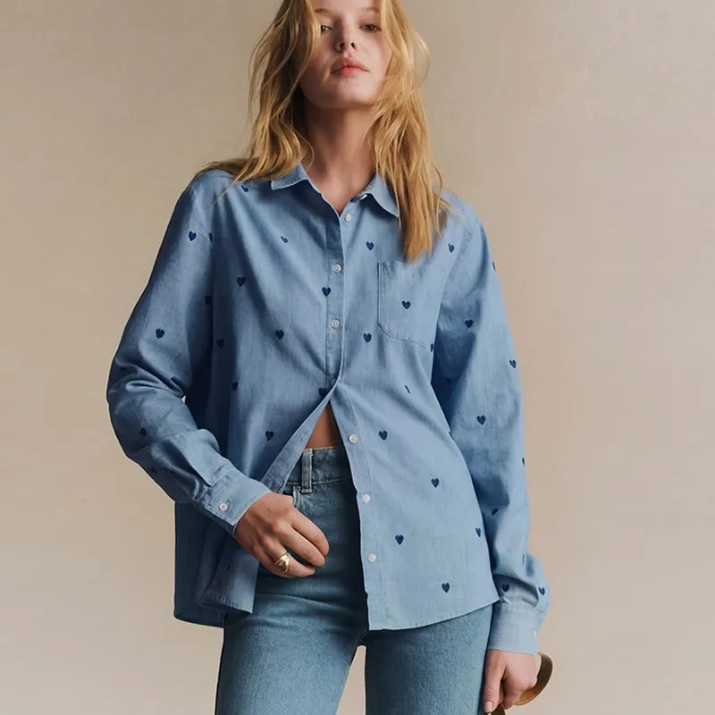 

Man Shirt Long Sleeve Light Blue Shirts Men Clothing Heart Print Button Down Shirt Casual Shirt Oversized Fit Turn Collar