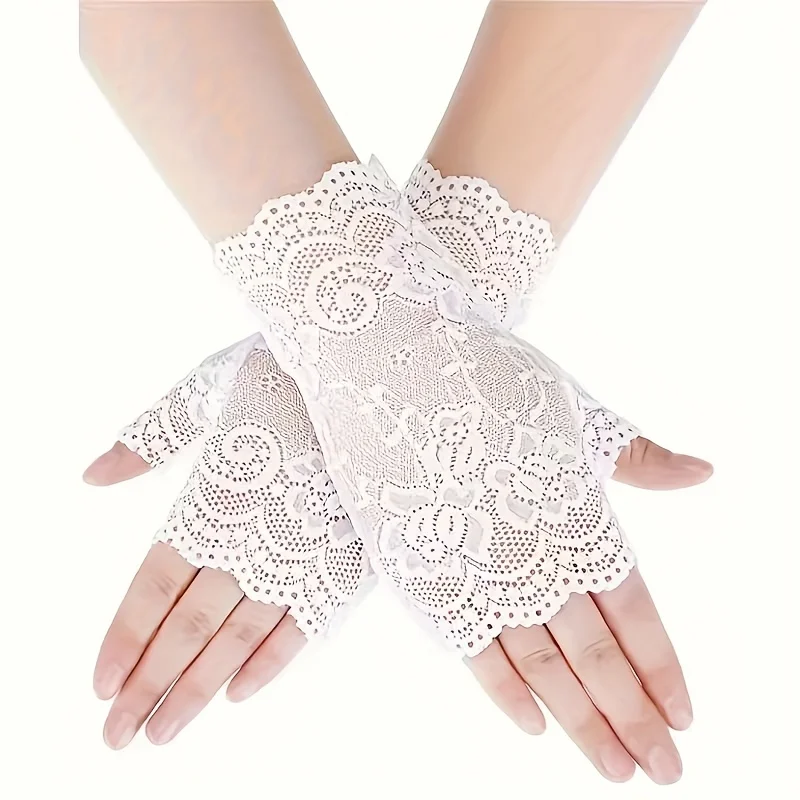レースの女性用ハーフフィンガーグローブ |   セミフィンガーレス、日焼け防止、黒の花柄、アウトドア活動に適したストレッチフィット、レースアップ