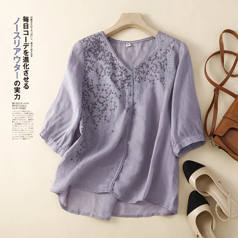 

Fashion Embroidered Ramie Tops Women's Loose Thin Retro Cotton Linen Shirt Blouse 2023 Summer