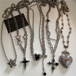 Stainless Steel Star Cross Heart Pendant Necklace Layered Choker Charm Necklace Grunge Y2K Neck Jewelry For Men Women Accessory
