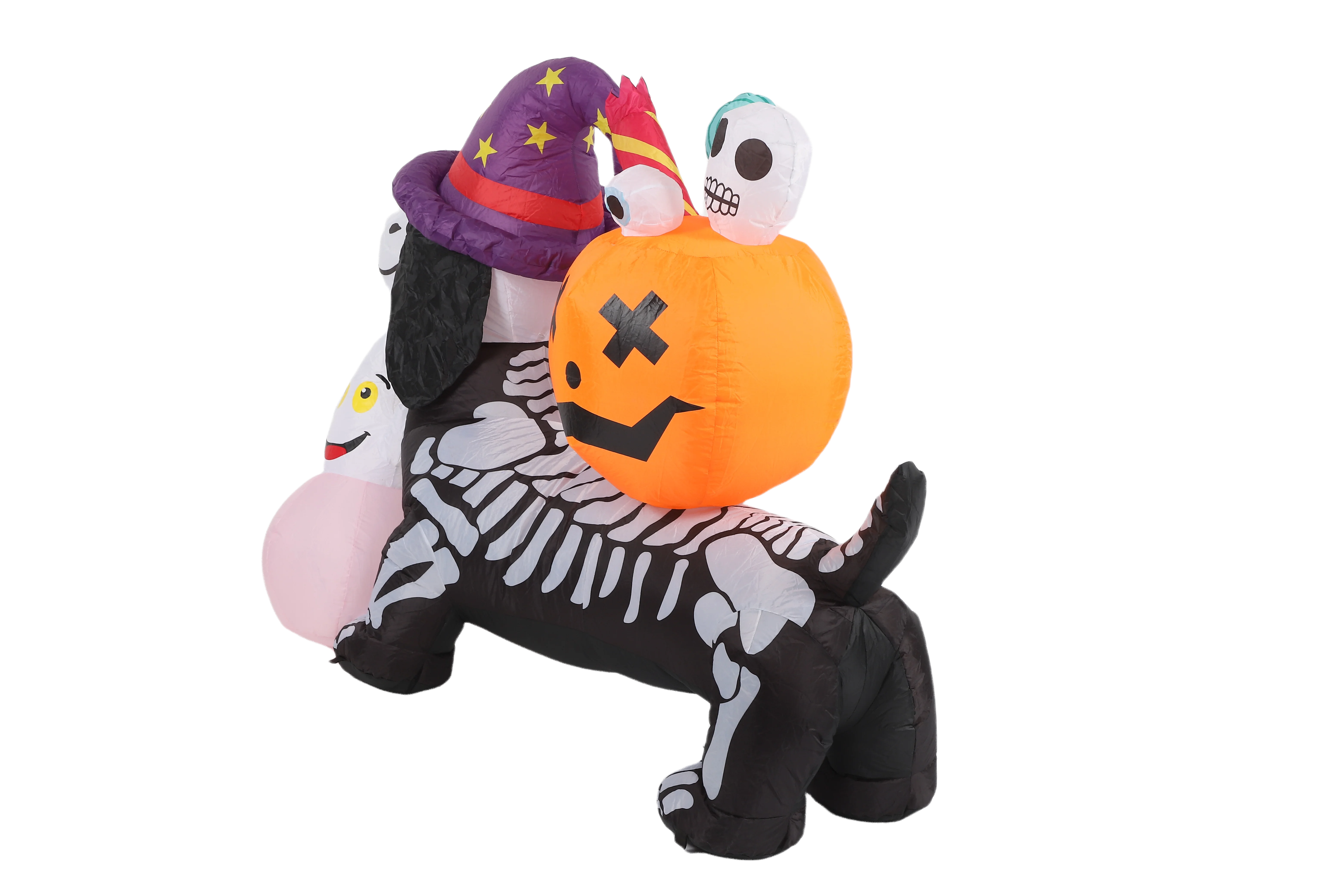 5ft / 1.5m Halloween Inflatable Skeleton Dog with Witch Hat, Pumpkin & Ghost, LED Light Up Yard Decoration 4