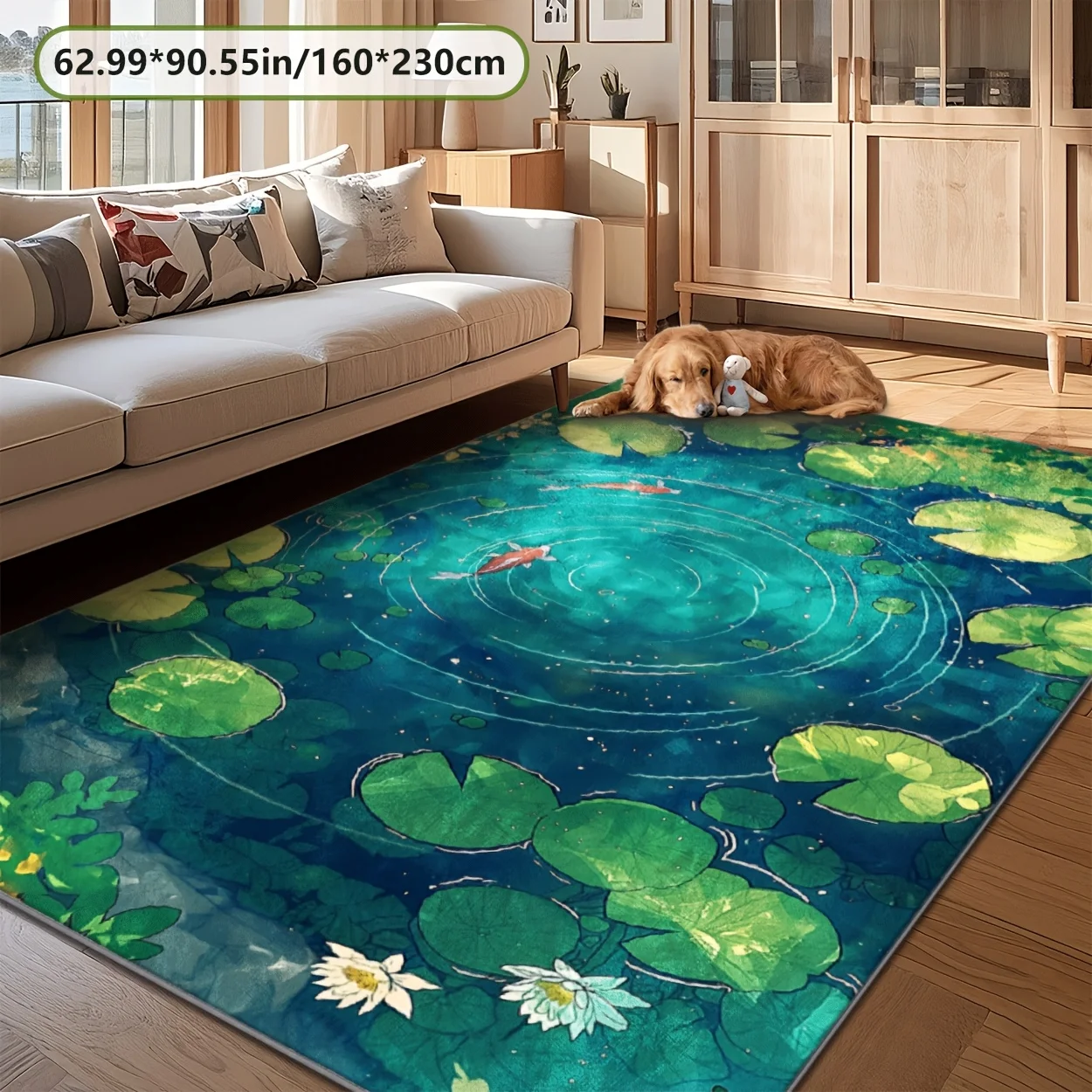 Green‑Blue Water Lily & Duck Pond Printed Washable Rug, Non‑Slip Decor Floor Mat for Living Room and Bedroom Home Decoration