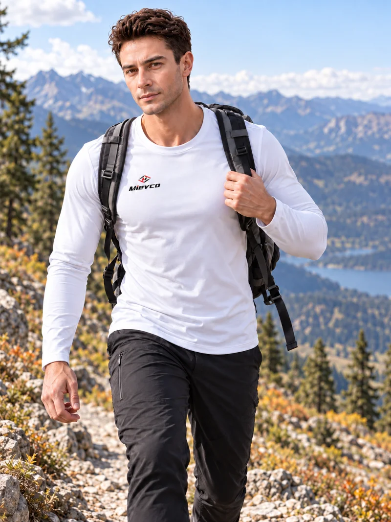 White Fleece-lined Sports T-Shirt for Fall&Winter E-bike Cycling Touring, Camping, Outing, Traveling, Hiking, Climbing, Fishing
