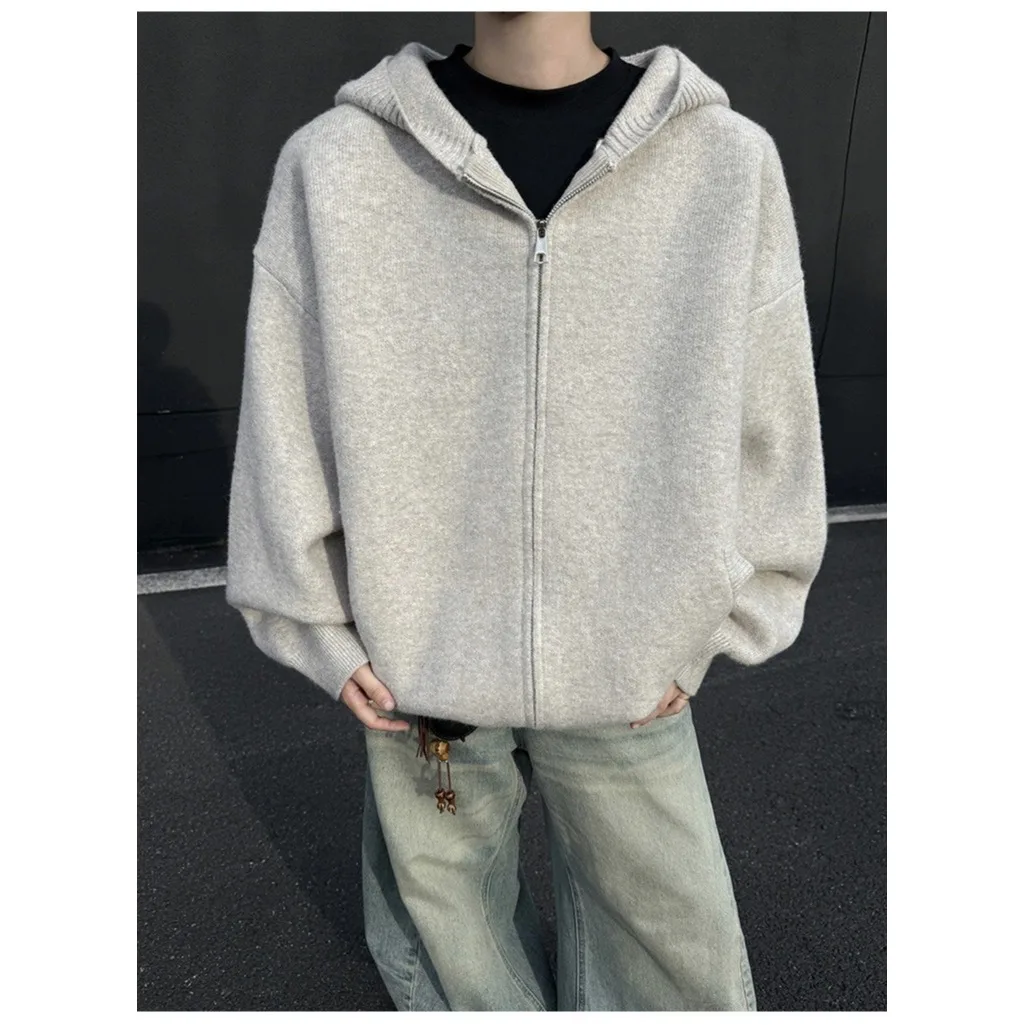 

American Sle Oversized Hooded Knitwear Men's Loose Vintage Color Cardigan Sweater Autumn Winter Thiened Polyester F...