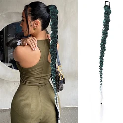 Ombre Green Synthetic Chignon Tail With Rubber Band Hair Ring Long Boxing Braids Crochet Braid Hair Ponytail Extensions
