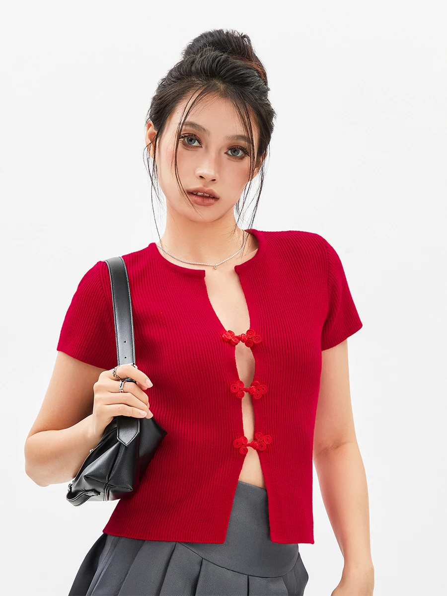 

Women Short Sleeve Knit Tops Solid Color Plunging V-Neck Open Front Buckles Casual T-Shirts Summer Slim Fit Shirts Streetwear