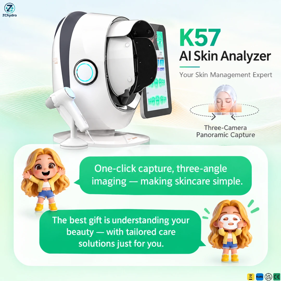 Professional K57 AI Skin Analyzer 8 Spectral 3D Imaging Facial Scanner 270° Coverage 30+ Metrics Skin Moisture Wrinkle Pigment D
