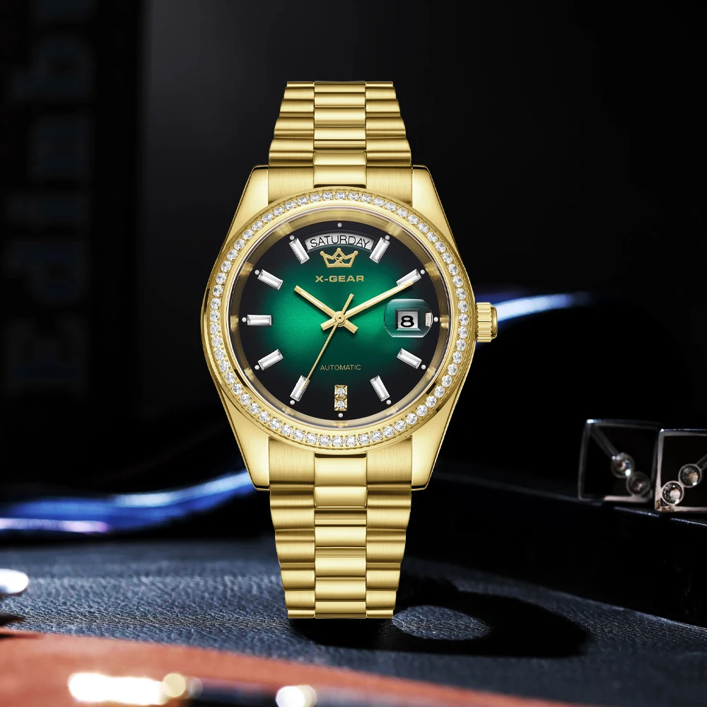 

X-GEAR Мужские роскошные часы Механические часы Светящийся дисплей даты и недели Корпус из нержавеющей стали Ремешок