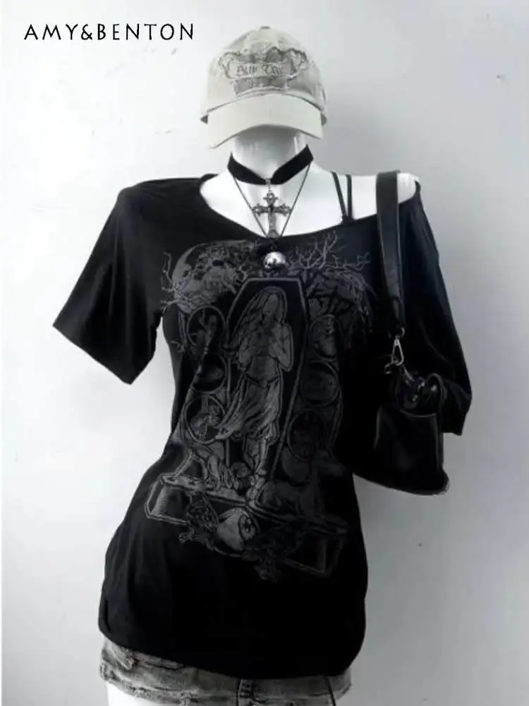 

Subculture Punk Print Y2k Hot Girl Short-sleeved Top Women American Retro Off Shoulder Splicing T-shirt Summer Gothic Sexy Tops