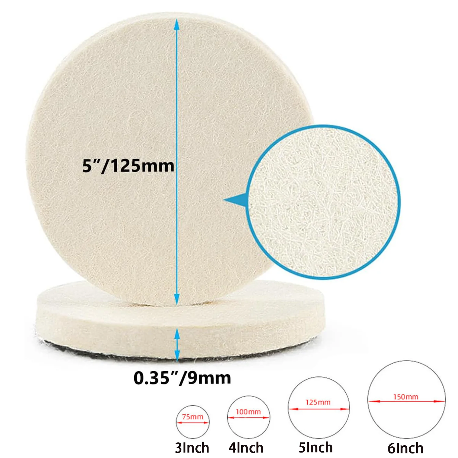 3/4/5/6" Wool Felt Polishing Pads, Flocking Hook & Loop Back, Made of Premium Natural Wool, Applicable to Random Orbital Sander - Detail Angle #02