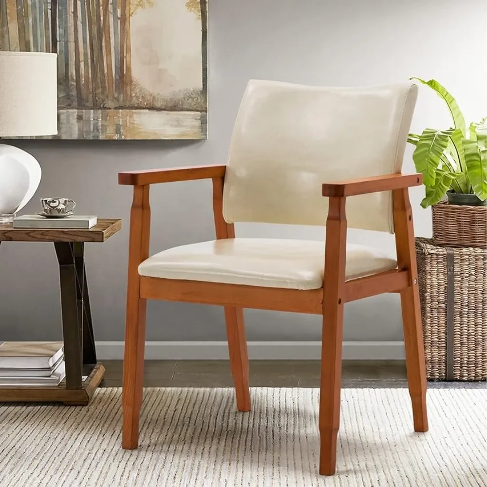 

Dining Chairs Mid-Century Dining Side Chair with Faux Leather Seat in Beige, handrail Chair Kitchen Chair