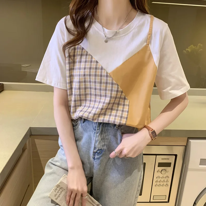 T-shirt women\'s summer new fake two-piece short-sleeved loose Joker shoulder plaid stitching contrast cotton top