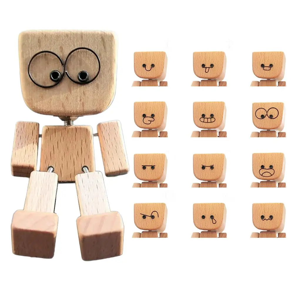

Replaceable Expressions Shaking Wooden Man Figurine Decor Desktop Interior Ornaments Funny Wood Magnetic Wood Car Cute Base T5V8