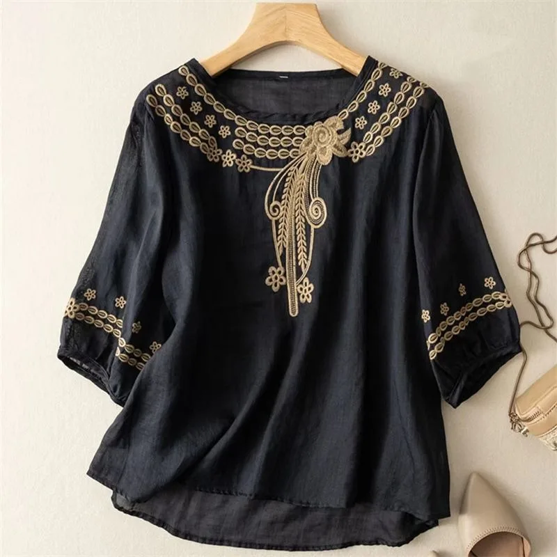 Round Neck Summer Women\'s Pullover Lantern Long Sleeve Chiffon T-shirt Embroidered Office Lady Flattering Comfortable Tops