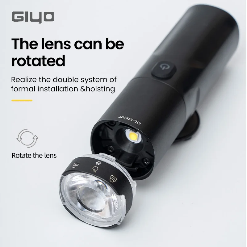 GIYO Cycling Front Light 400-1500LM Bicycle Flashlight With Rotated Lens  Anti-glare IP66 Waterproof Type-C Rechargeable Lamp