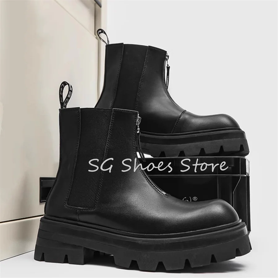 

Black Leather High Top Chelsea Boots for Men Chunky Bottom Wedges Zip Ankle Boots Male Comfortable Casual Shoes Motorcycle Boots