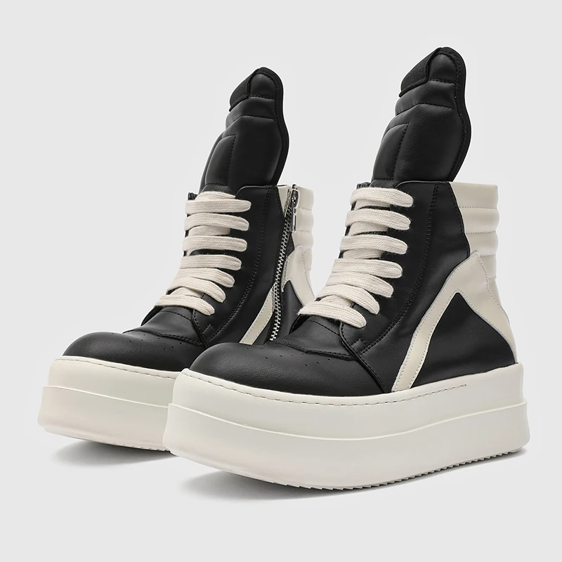 Black White Patchwork Thick Soled High Top Men Boots Geometric Triangle Decoration Avant-garde Niche Fashion Brand Boots