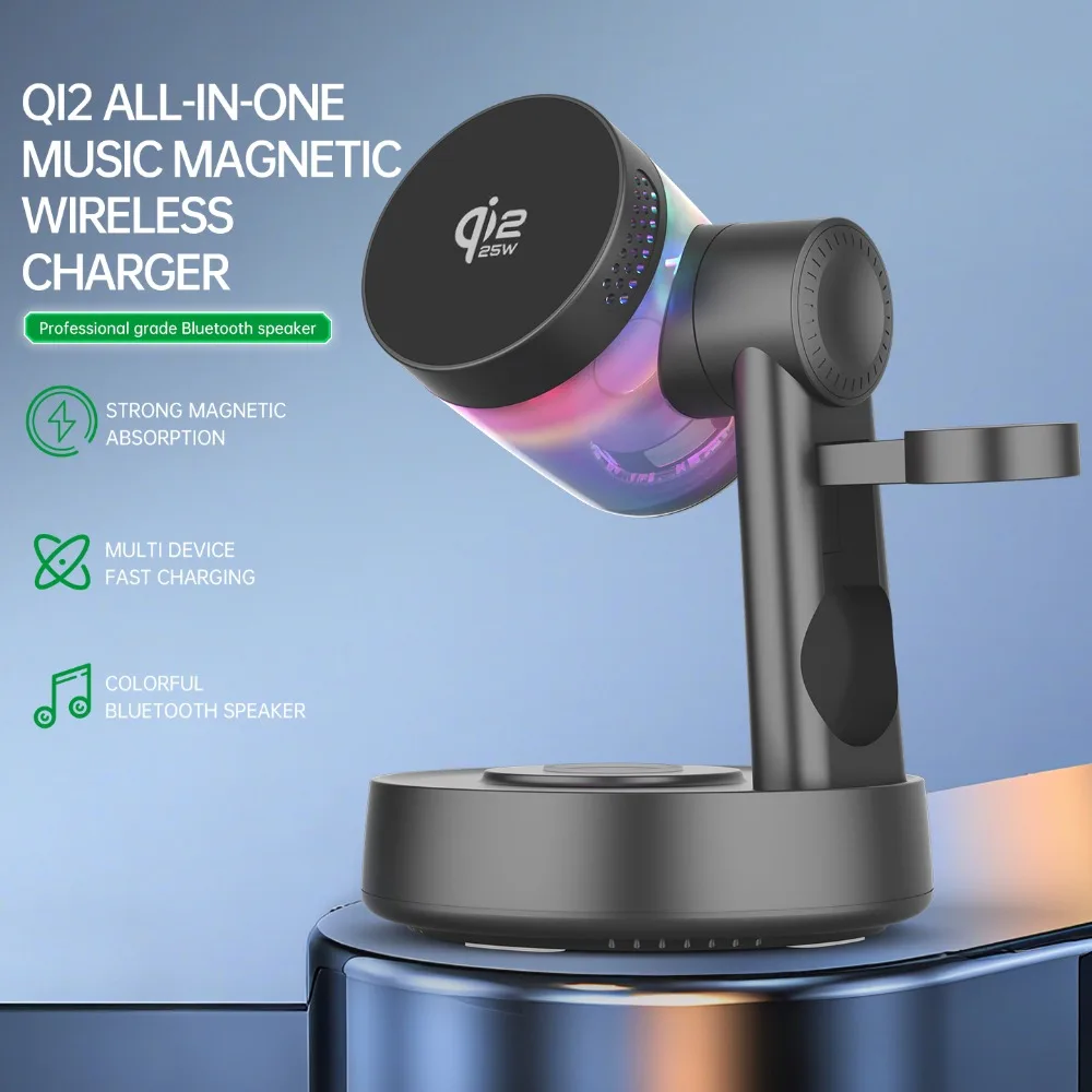 QI2 25W 5.3 Bluetooth Speaker 25W Magnetic Fast Wireless Charger with Alarm Clock For iPhone 17-12 Pro Max Apple Watch Airpods