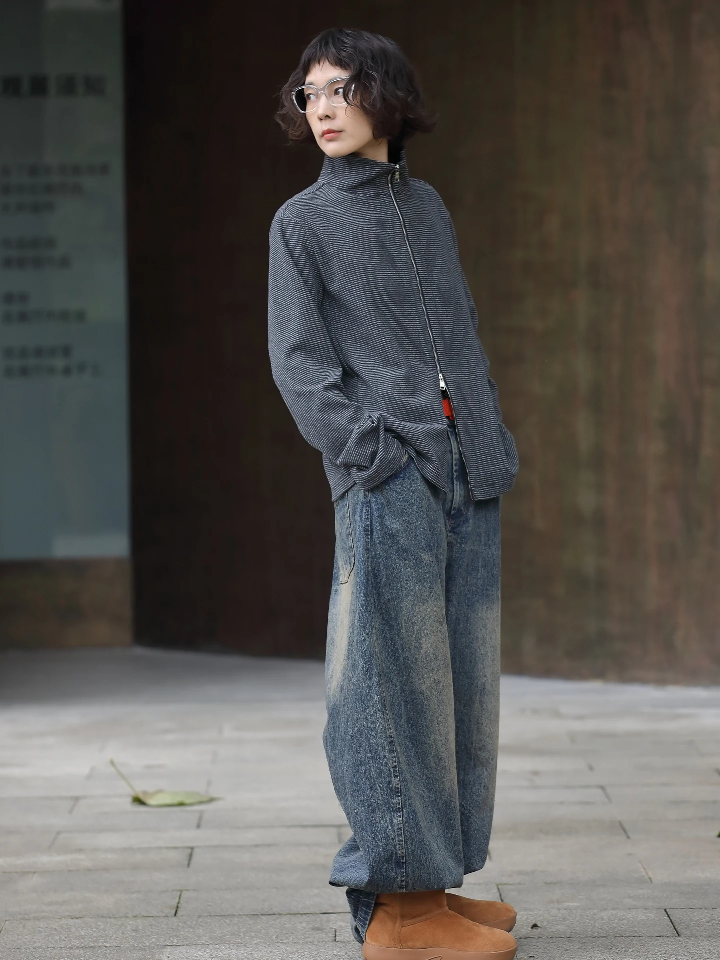 

Soft Cotton Blend High Collar Open Cardigan with Double Zipper Neutral Sle Loose Fit Striped Knitted Base Layer Top