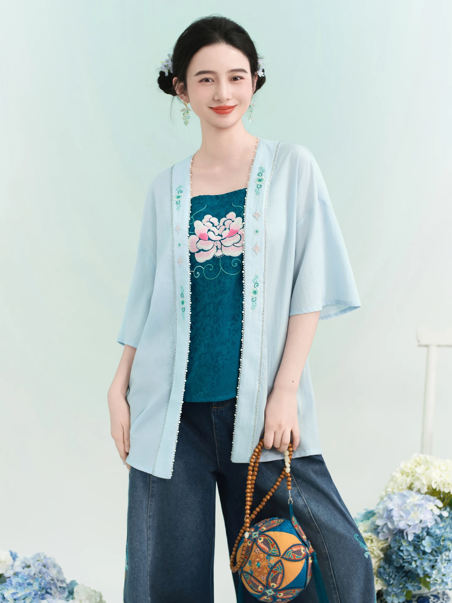 

Original Design Watercolor Ink•Mystic Bru Flower Summer New Sle Mid-Length National Sle Embroidery Overhead irt