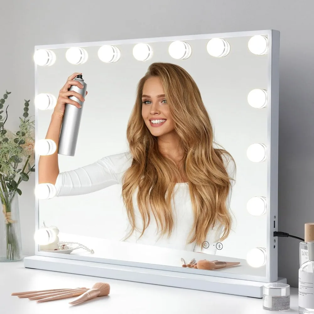 조명이 있는 화장대 거울, 조명 메이크업 거울, 15 개의 전구, 3 가지 조명 색상, 밝기 조절 가능, USB 포트, 탁상 벽