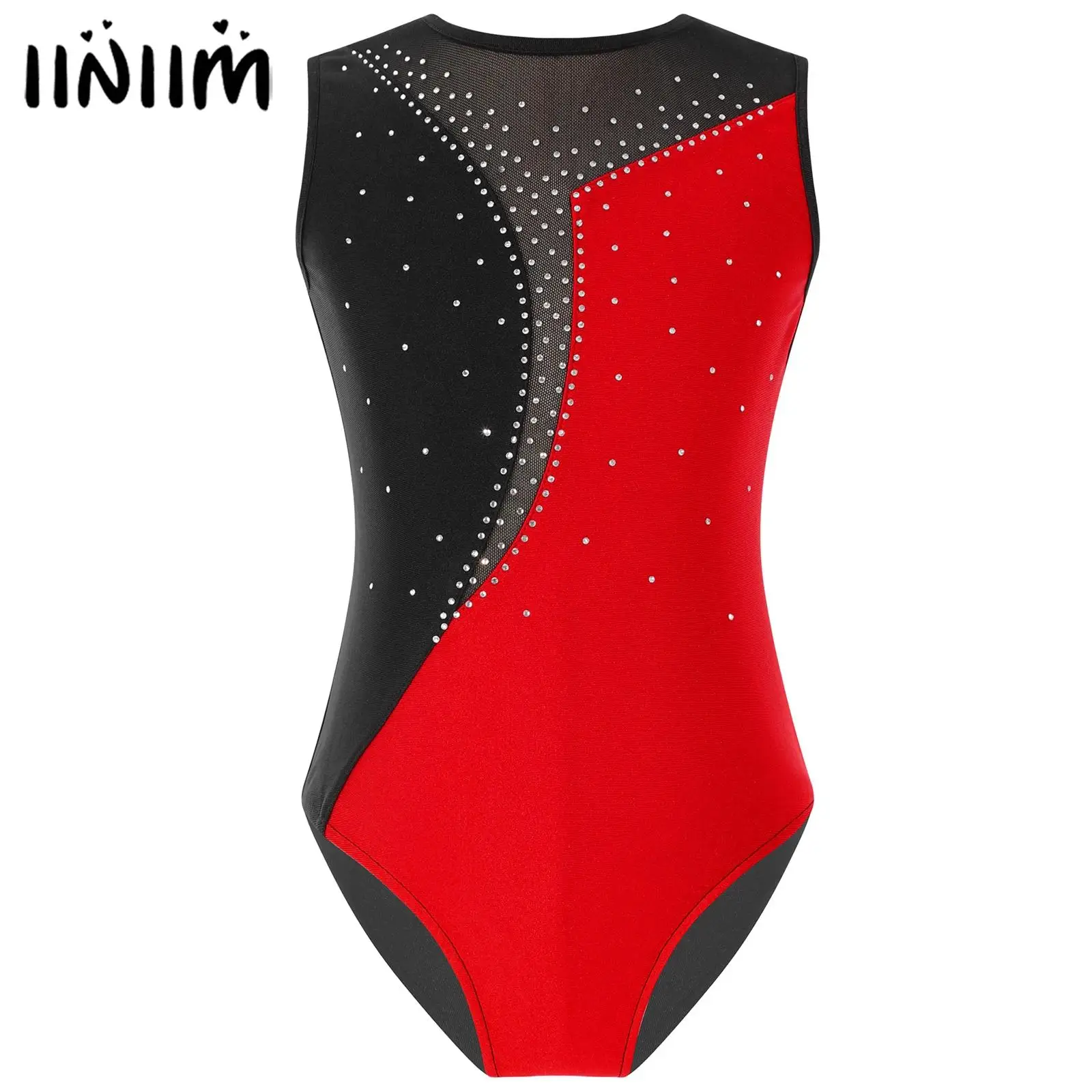 Girls Gymnastic Ballet Jersey Leotards Figure Skating Dance Costume Round Neckline Shiny Rhinestone Dance Leotards Tank Bodysuit