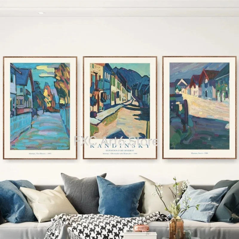 3PC frameless Kandinsky Exhibition Posters: Mid-Century Modern Gallery Wall Art, Set of 3 Home Decor  Canvas Art Wall Decorat Po