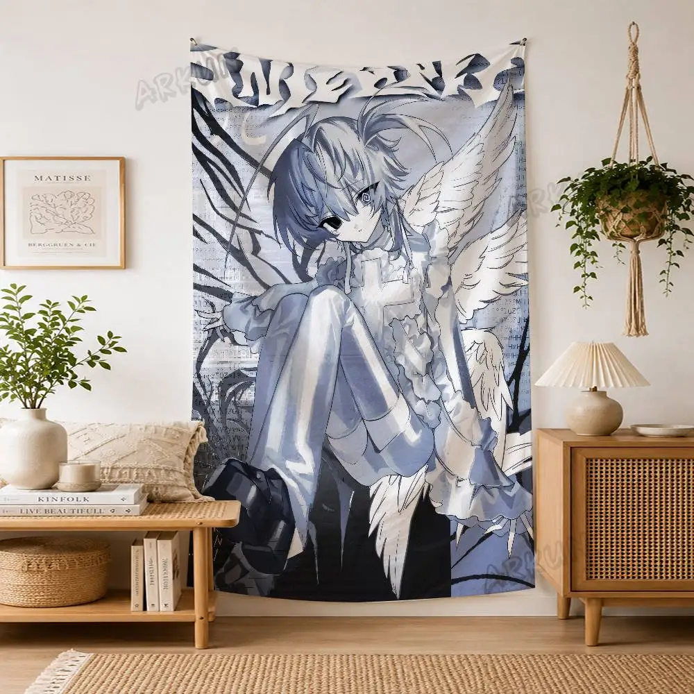 Grunge Anime Angel Girl Tapestry, Monochrome Dark Aesthetic Winged Character Wall Hanging, Y2K Alt Style Bedroom Dorm Room Decor