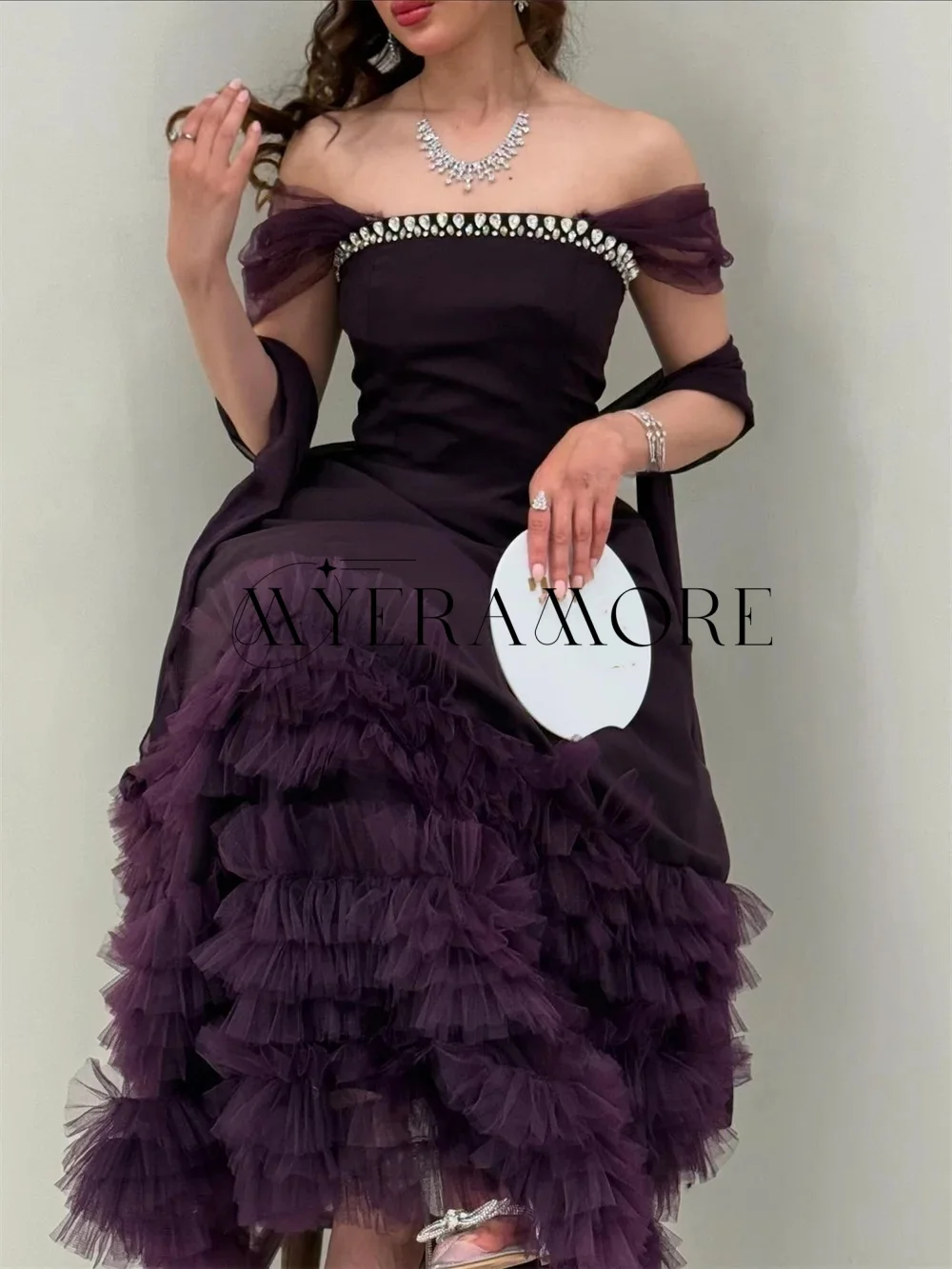 Exquisite Purple Beaded Evening Dress Tulle Off the shoulder A-Line Tiered Ruffle Birthday Party Prom Gown Customized