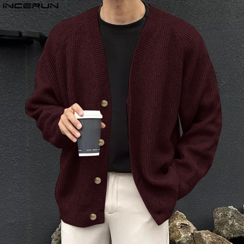 INCERUN Cardigan da uomo maglioni lavorati a maglia tinta unita autunno 2025 scollo a V manica lunga abbigliamento uomo streetwear casual maglione maschile