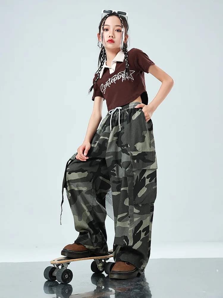 เด็ก Hip Hop เสื้อผ้า Coffee Crop Top T เสื้อลําลอง Cargo Baggy กางเกงสําหรับ Girl Boy Jazz Dance เสื้อผ้าเครื่องแต่งกาย