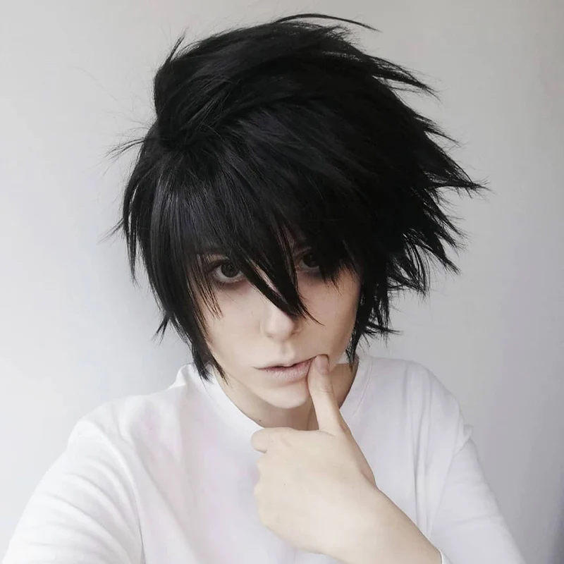 อะนิเมะ L cos วิกผมสั้นสีดำผู้ชาย lawliet ผมทนความร้อน pelucas วิกผมชุดคอสเพลย์ผู้หญิง + ตาข่ายคลุมผมสำหรับใส่วิก