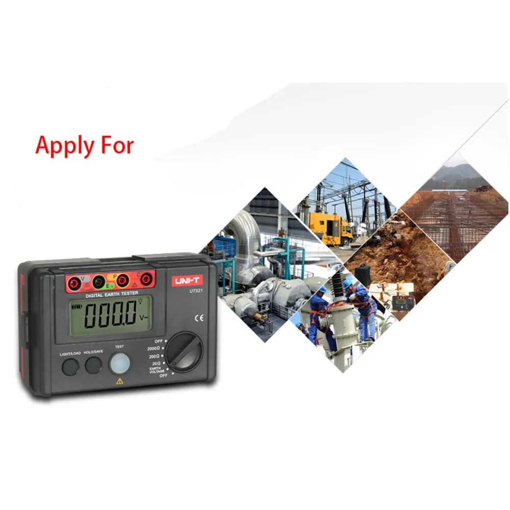 UNI-T Digital Ground Resistance Tester UT521 0-200V 0-2000 ohm Data Retention And Storage Voltmeter LCD Display Backlight