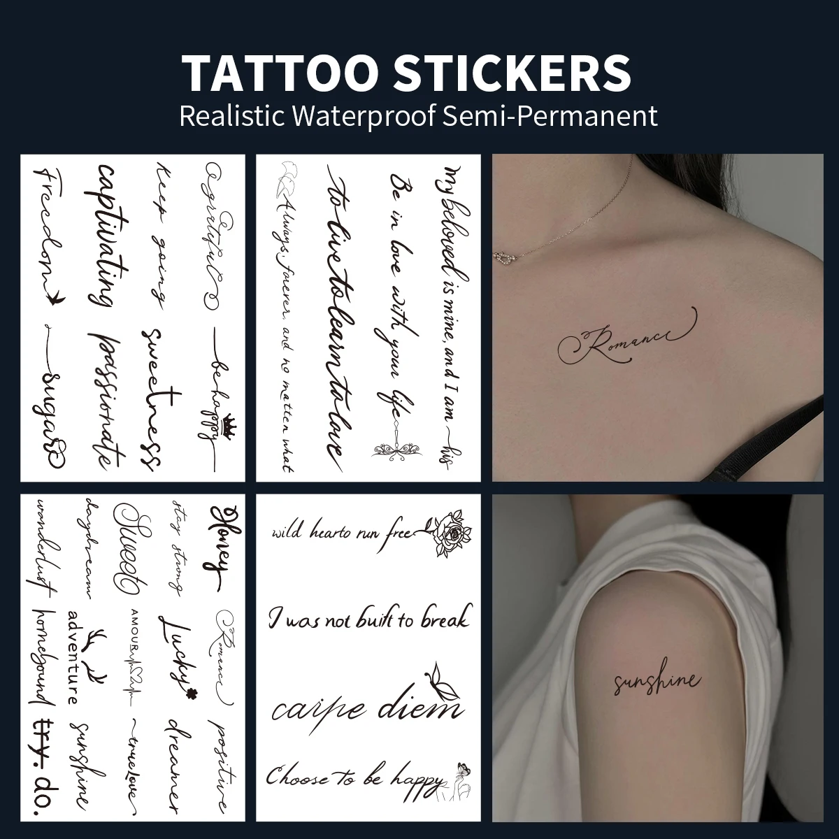 TATTOO 방수 임시 문신 스티커, 영어 문자 패턴, 개성 가짜 문신, 반영구 문신, 4 개 